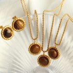 French Advanced Mild Luxury Retro Tiger Eye Necklace Earrings round Hemp Flowers Chain Jewelry Set Decorations
