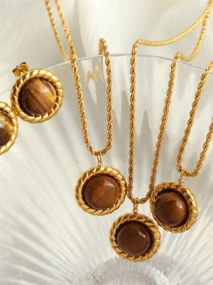 French Advanced Mild Luxury Retro Tiger Eye Necklace Earrings round Hemp Flowers Chain Jewelry Set Decorations