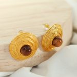 French Entry Lux Vintage Inlaid Tigereye Gold Earrings Personality Coil Stud Earrings for Women Design