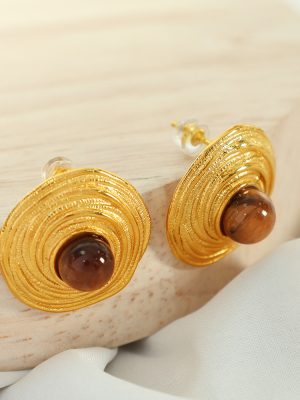 French Entry Lux Vintage Inlaid Tigereye Gold Earrings Personality Coil Stud Earrings for Women Design