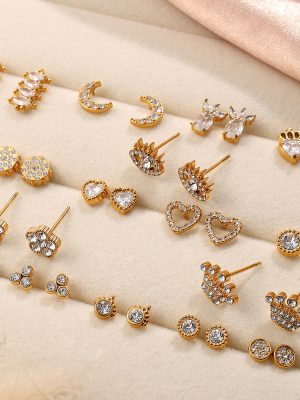 Stainless Steel Sequin Stud Earrings Ornament Light Luxury High-End Earrings Female Moon Crown Shape