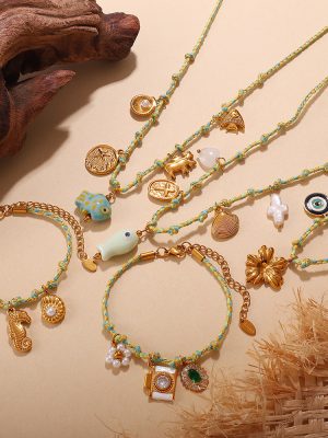 Woven DIY Ceramic Starfish Pendant Bracelet Stainless Steel 18K Gold Plating Shell Fish Necklace