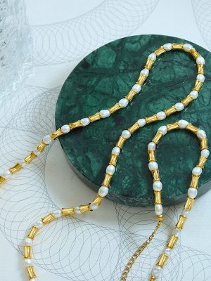 Chinese Ethnic New Vintage Jewelry Accessories Fresh Water Pearl Stitching Small Waist Necklace, Bracelet Set Stainless Steel