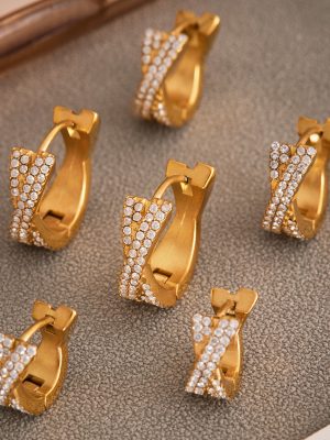 Exquisite Ring Inlaid Zircon Ear Clip Combination PVD Gold Plated Simple Design Cross Full Diamond Earrings