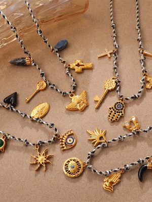 Vintage Braided Rope Necklace, Bracelet Set Personality Hollow out Cross Pendant All-Match Jewelry