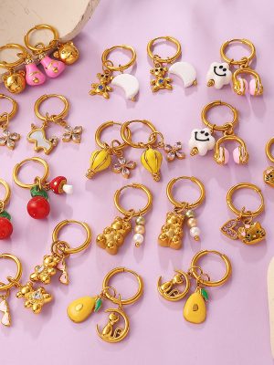 Retro Fresh Korean Style Soft and Adorable Fruit Animal DIY Pendant Earrings Stainless Steel 18K Gold Plating All-Match Earrings