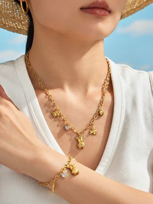 Bear Multi-Pendant Zircon Chain Stainless Steel Light Luxury Female Accessories Bracelet Necklace