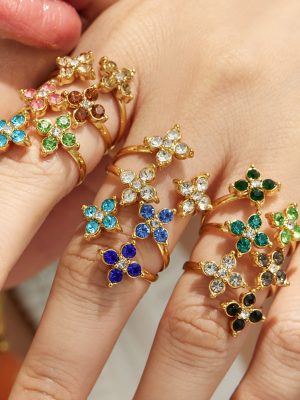 Stainless Steel Gold-Plated Four-Leaf Flower Diamond Ring Simple Female Accessories Ring