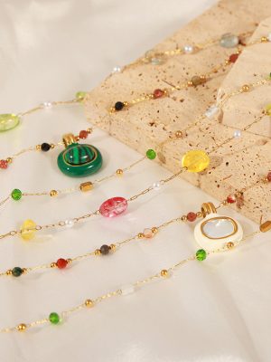 New Personalized Stainless Steel Gold-Plated Natural Stone Pendant Handmade Beaded Necklace Simple Jewelry Women
