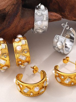 Imitation Pearl Diamond-Studded Design Earrings Stainless Steel Plated 18K Gold and Daylight Color Changtongqin Senior Earrings for Women