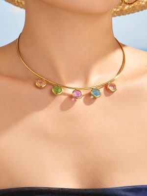 Simple Oval Ice Stone Stainless Steel 18K Gold Plating Female Accessories Open Collar Anti-Allergy
