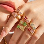 New Dopamine Inlaid Zircon Stainless Steel Gold-Plated Light Luxury Personality Lucky Four-Leaf Flower Ornament Female Ring