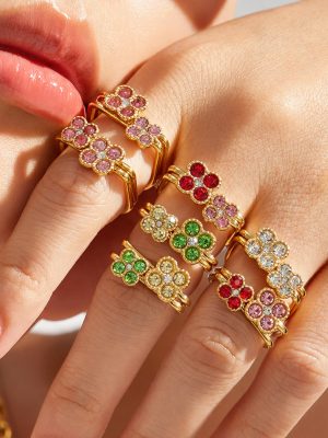 New Dopamine Inlaid Zircon Stainless Steel Gold-Plated Light Luxury Personality Lucky Four-Leaf Flower Ornament Female Ring