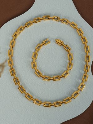 Hip Hop Cuban Link Chain Stainless Steel Vacuum Plating 18K Gold Simple Twin Necklace Bracelet All-Match Suit