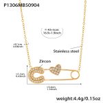 color: P1306-Gold Heart Paperclip Zircon Necklace 43+5cm