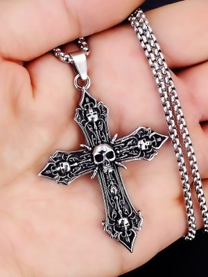 Ornament Baroque Skull Cross Pendant Necklace Popular Stainless Steel Hollow out