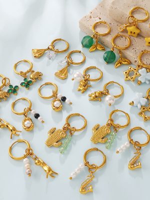 Fresh Cactus Pearl Green Natural Stone Pendant Earrings 18K Gold Plating Gentle Earrings