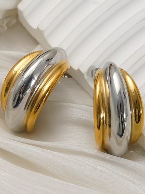 Stainless Steel Gold and Silver Contrast Color C- Shaped Glazed Surface Ear Stud Female Advanced Ear Rings