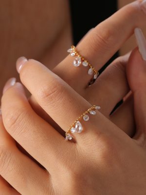 French Simplicity Cold Personality Rice Bead Chain Ornament Crystal Stone Pendant Draw Pull Buckle Stainless Steel Gold-Plated Ring