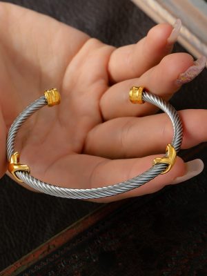 British Elegant Retro Ornament Geometric Multi-Layer Line Twist Design Stainless Steel Open-Ended Bracelet