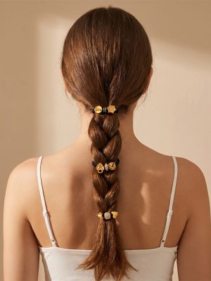 Simple Advanced Diamond-Embedded Three-Dimensional Carved Spacer Beads Black Elastic Hair Ring Temperament Commute Essential Hair Rope