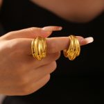 French New Multi-Layer Striped Water Drop Open Ring Retro Personality Design Stainless Steel Plated 18K Gold Head Ornament