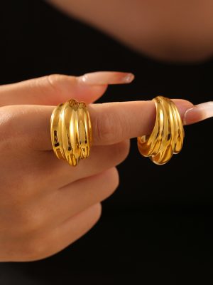 French New Multi-Layer Striped Water Drop Open Ring Retro Personality Design Stainless Steel Plated 18K Gold Head Ornament