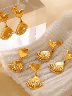 New Light Luxury Rhinestone-Encrusted Shell Love Heart Earrings Non-Fading Plated 18 Gold Gentle Sweet Earrings