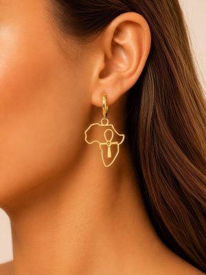 African continent outline ankha symbol earrings, light luxury gold stainless steel—top choice for female accessories.