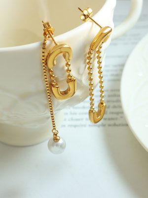 Han Dong Gate Asymmetric Exaggerated Design Stainless Steel Gold-Plated Tassel Imitation Pearl Pendant Pin Earrings Eardrops