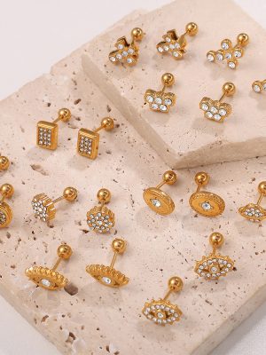 New Vintage Earrings Earrings Stainless Steel 18K Gold Plating Cross round Inlaid Rhinestone