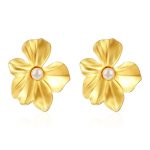 color: Flower Inlaid Pearl Earrings Gold MS-440