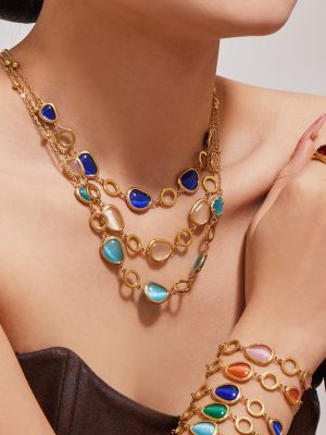 Light Luxury Oval Opal Necklace Bracelet Earrings Stainless Steel 18K Gold Plating Chain Jewelry Set