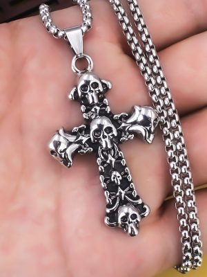 Skull Cross Pendant Necklace Men's Stainless Steel Vintage Ornament Halloween
