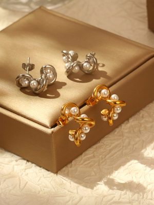 Irregular Winding Pearl Stainless Steel Earrings Women's Retro Light Luxury Plated 18K Earrings