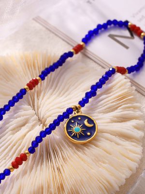 Blue Red Crystal Stone Hand-Knit Necklace Cyan, Gold, Blue Starry Sky Glaze Stainless Steel Pendant Accessories for Women