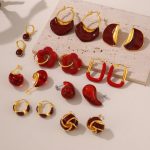 Ankela Red Enamel Earrings Stainless Steel 18K Gold Plated Light Luxury Geometric Elegant Earrings for Women