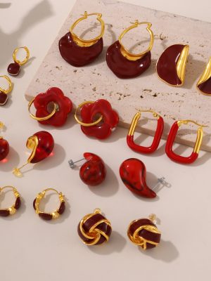 Ankela Red Enamel Earrings Stainless Steel 18K Gold Plated Light Luxury Geometric Elegant Earrings for Women