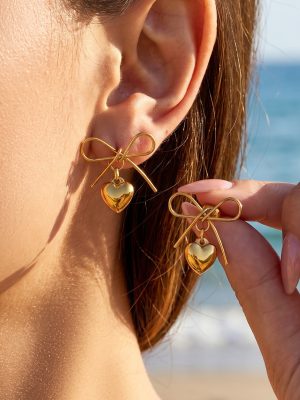 Bow Hollowed Heart Shape Earrings PVD Vacuum Plating Ornament Women