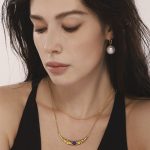 Crescent Inlaid Lapis Bead Double Layer Twin Necklace Light Luxury Shell Pearl Earrings Personalized Set