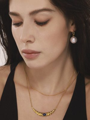 Crescent Inlaid Lapis Bead Double Layer Twin Necklace Light Luxury Shell Pearl Earrings Personalized Set