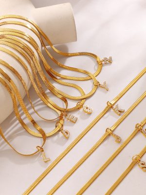 Minimalist Diamond-Embedded 26 English Letter Pendant Chain like Flat Snake Necklace 18K Gold Plated Light Luxury Twin Necklace