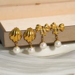 18K Gold Plated Stainless Steel Bow Pearl Ear Stud Earring Ear Rings