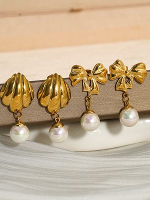 18K Gold Plated Stainless Steel Bow Pearl Ear Stud Earring Ear Rings