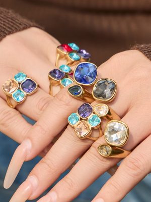 Vintage Diamond Stainless Steel Colored Glass Ring 18K Real Gold Color Retaining Light Luxury All-Match