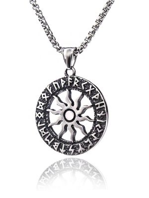 Ethnic Fire Wheel Sanskrit Compass Retro Stainless Steel Necklace and Pendant Male Women's Sweater Necklace