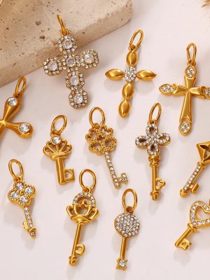 Gold Diamond Inlaid Key Cross Pendant Multi-Style Unique Pendant DIY Ornament Accessories