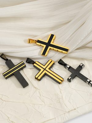 Men's Simple Personality Stainless Steel Black Gold Cross Pendant Metal Chain New Necklace