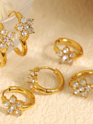 Simple and Compact Inlaid Zircon Flower Earrings Stainless Steel 18K Gold Plating Sweet Fresh Ear Ring Women