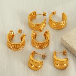 French 18K Pleated Texture Strip Water Drop Earrings Stainless Steel Earrings C- Type Senior Girl